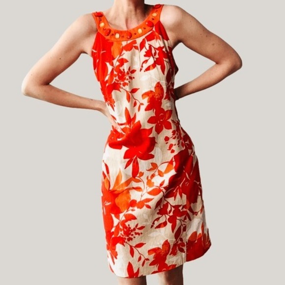 Jessica Howard Dresses & Skirts - Vintage Jessica Howard Orange Floral Linen Blend Embellished Shift Dress 12